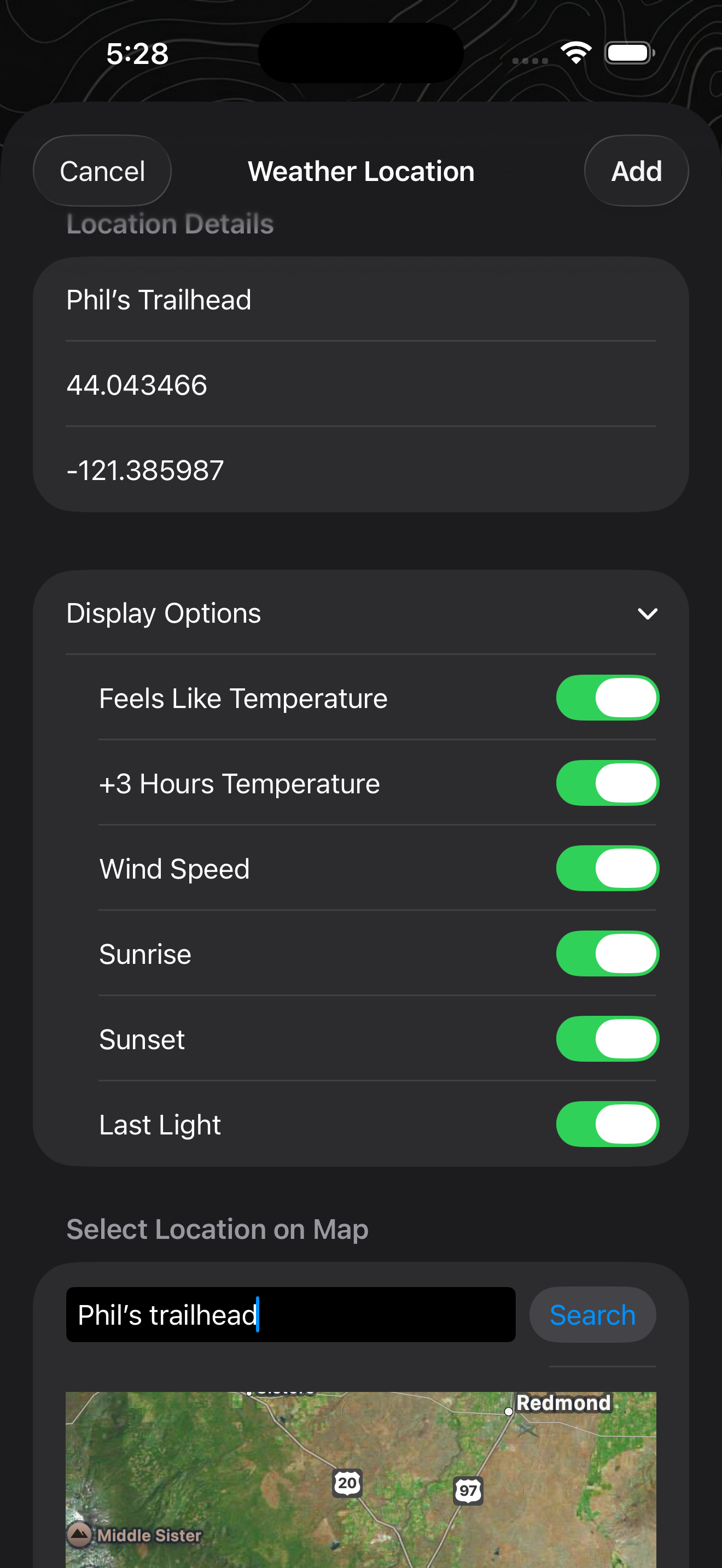 Venture Weather app configuration screenshot