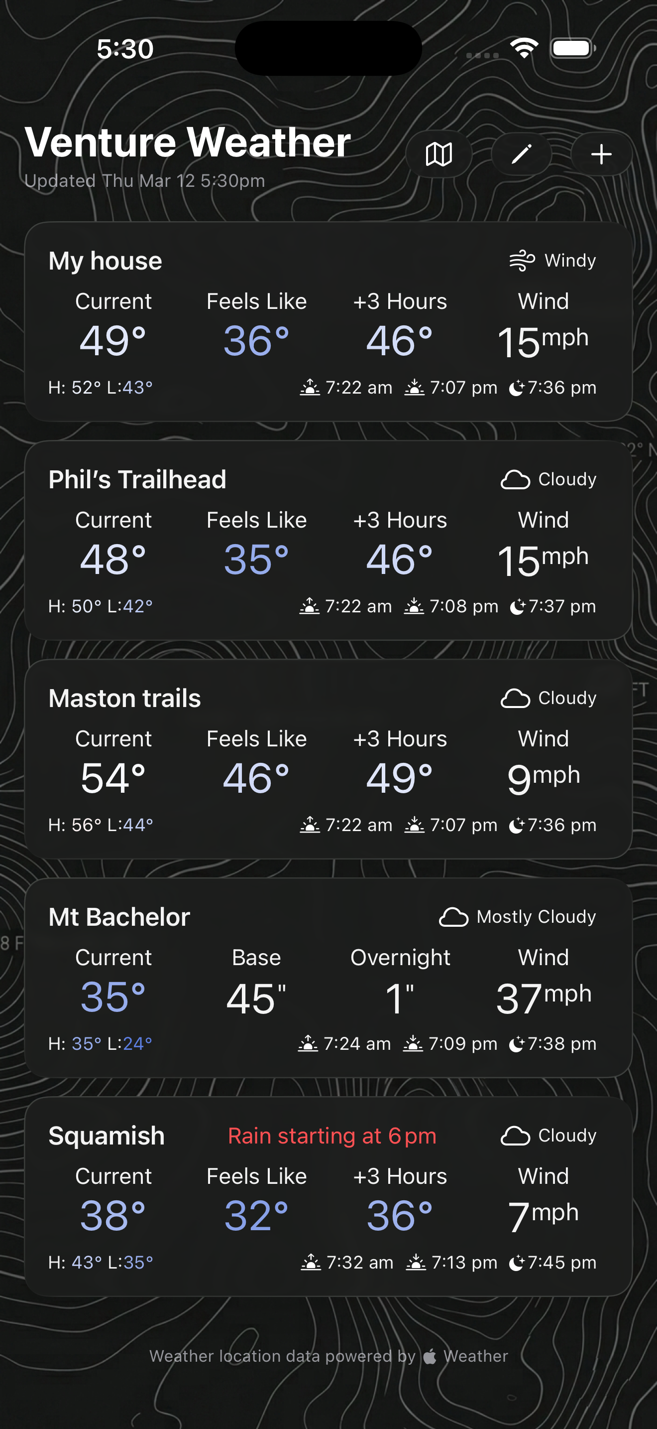 Venture Weather app dark screenshot